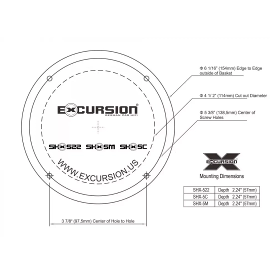 Excursion SHX-5M średnio-niskotonowe głośniki samochodowe (mid-woofery) o średnicy 130mm - 3ohm, 75/200W, 91dB, 55-10000Hz, 2-drożne zwrotnice, głęb.